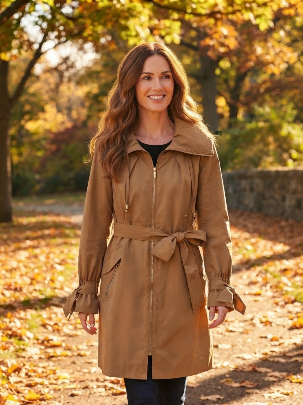 Cole Haan Womens Raincoat Copper Color Lightweight Hood SZ LG  Vintage 37" Long